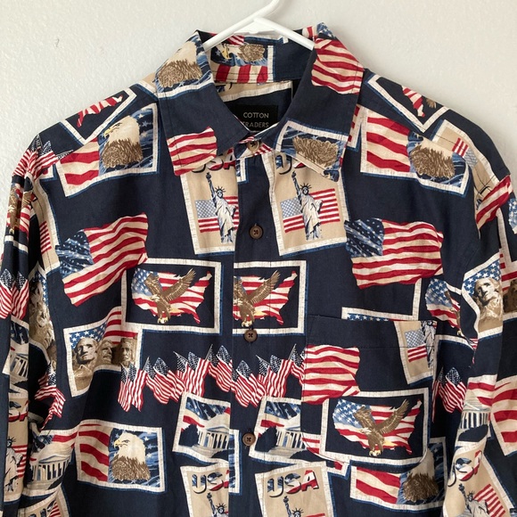 Cotton Traders Sport USA Shirt Blue Flag Print Long Sleeve Button Up Mens Size M - Picture 3 of 7